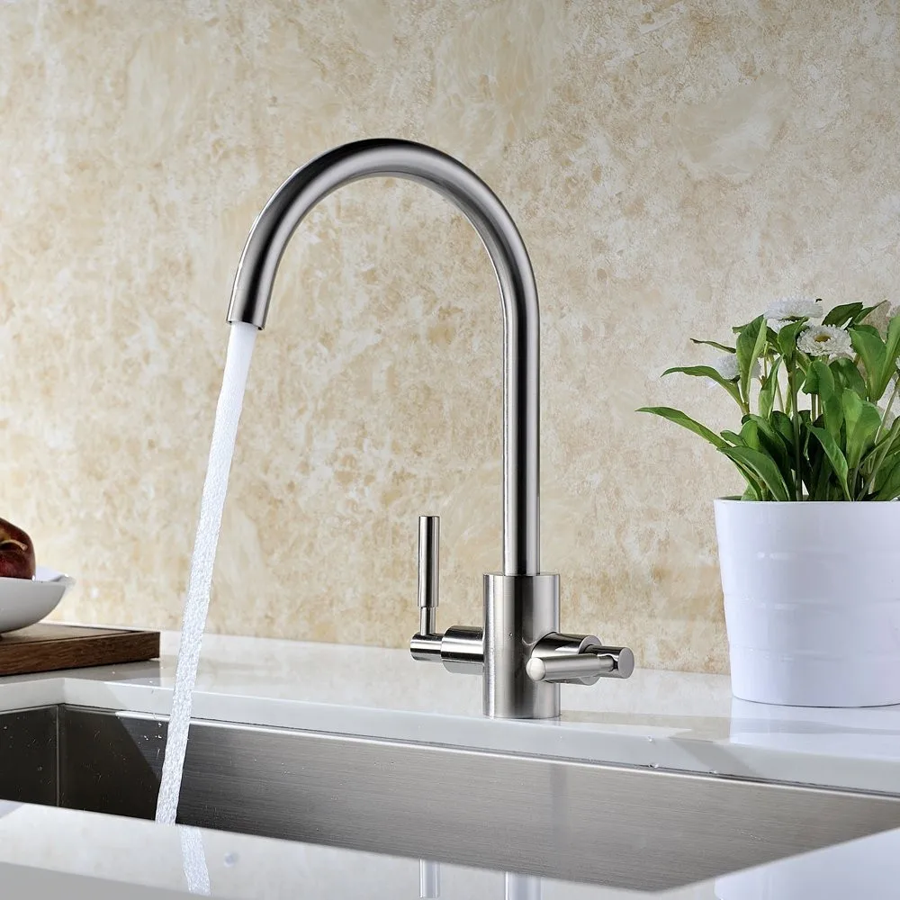  Bagnolux Solid Brass Contemporary Brushed Steel Double Lever Kitchen Sink Mixer Bar Taps Ideal Stan - 32811280693