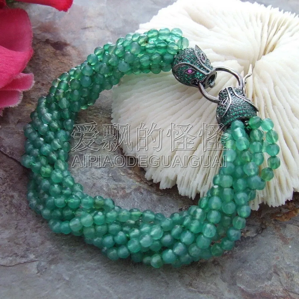 

Women's 8" 8 Strands Round Faceted Green Stone Bracelet CZ Clasp