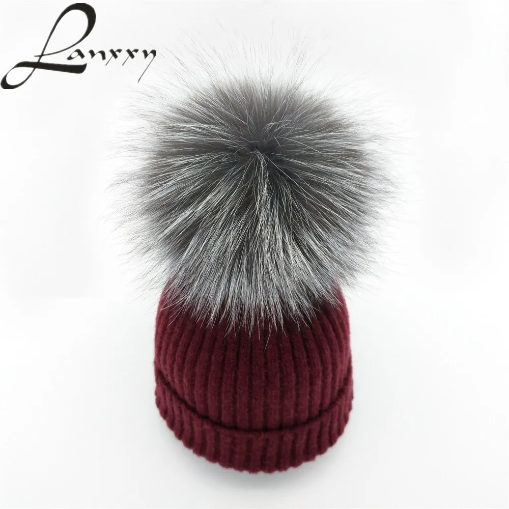 

Real Silver Fox Fur Pompom Hat for Women Warm Wool Knitted Cotton Hat Girls Winter Cap Skullies Beanies Bonnet Pom Poms Hats