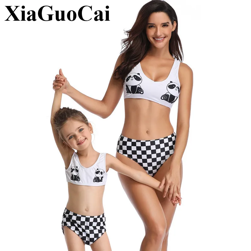

2019 Family Matching Swimsuit Two Pieces Mother Daughter Plaid Cartoon Print Swimwear Beachwear Bathing Suit Newest High Quality