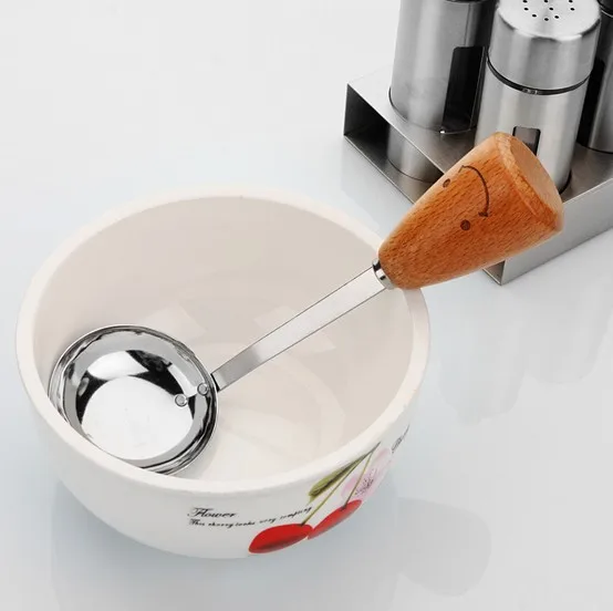 1PC Cute UXCELL Kitchenware Cooking Wood Smile Face Handle Stainless Steel Soup Spoon Ladle KX 226
