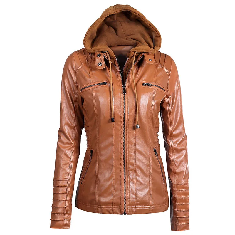 Womens Leather Jacket 2017 Autumn Winter Windbreaker Hooded Coat Plus Size Ladies Bomber Jacket Zipper Cardigan