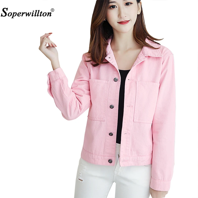 

New 2018 Women's Denim Jackets Autumn Winter Vintage Casual White Blue Pink Coats Female Short Slim Jean Jacket Women Basic Coat
