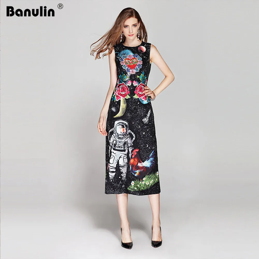 

Banulin New Runway Summer Dress Women's Sleeveless Gorgeous Floral Embroidery Beading Astronaut Cock Printed Midi Elegat Dress