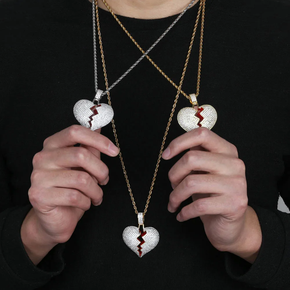 JINAO, модное ожерелье с подвеской на цепочке с разбитым сердцем, мужское ожерелье с кубическим цирконием в стиле хип-хоп, мужские ювелирные изделия, подарок