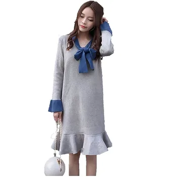 

2019 New Maternity Bow Ruffles Knit Nursing Dress Pregnant Women Breast Feeding Plus Size Sweater Dress Pregnancy Clothing Q683