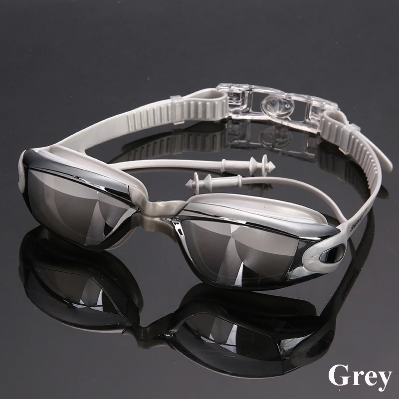Анти-туман УФ-защита регулируемые плавательные очки для мужчин и женщин Водонепроницаемые силиконовые очки для взрослых очки с интегрированными затычками для ушей - Цвет: Grey