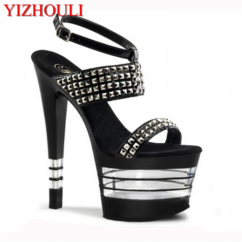 

Sexy skinny super star shoes, 17 cm heels, summer fringe platforms, rivet decorations, dancing shoes