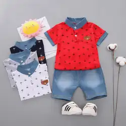 Детская рубашка с короткими рукавами и рисунком дерева для маленьких мальчиков топы + джинсовые штаны, комплект летней одежды из 2