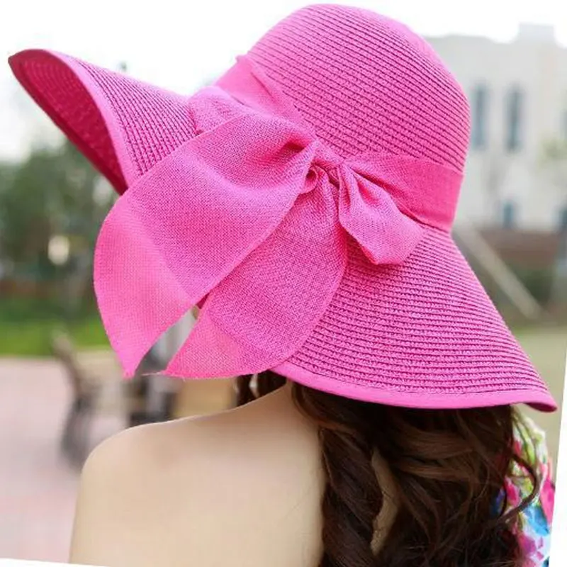 النساء كبير Bowknot مرن قبعة الشمس طوي القش واسعة بريم الصيف شاطئ كاب TY53
