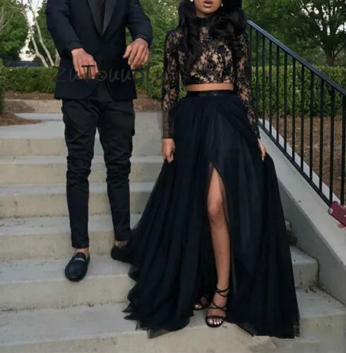 Prom Dresses 2019 Formal Evening Dress Party Pageant Gowns African Two Pieces Long Sleeve High Neck Front Split Black Girl Couple Day 2K19