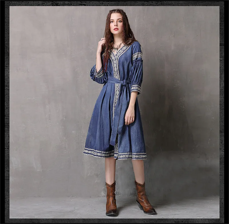 Vintage  V-Neck Summer Sashes Dress 2018 Embroidery New Denim Vestidos A-line Half Sleeve Belted Women Dresses Vestido Female (11)