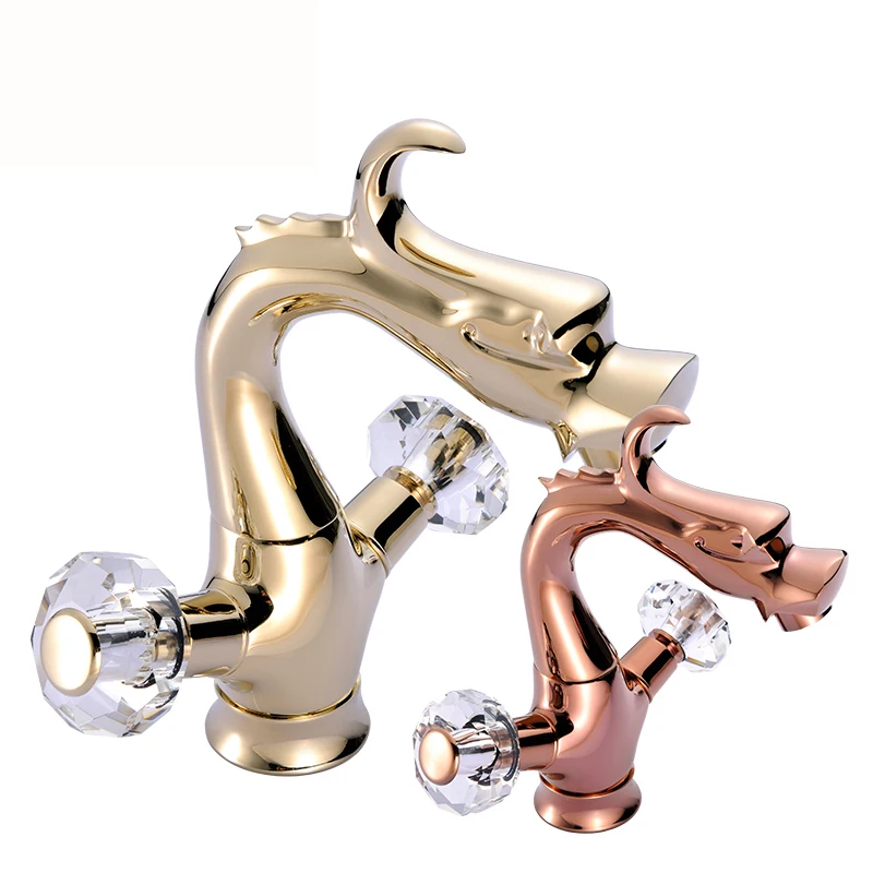 

Dual Colors Basin Sink Mixer Faucet with Dragon Shaped Spout Dual Handle One Hole