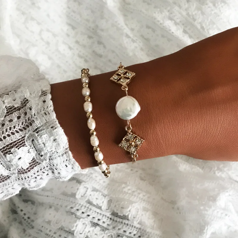 

2Pcs/Set Trendy Simple White Pearl Women's Fashion Chain Gold Square Bracelet Sets Modern Jewelry Wholesale Pulseras Mujer