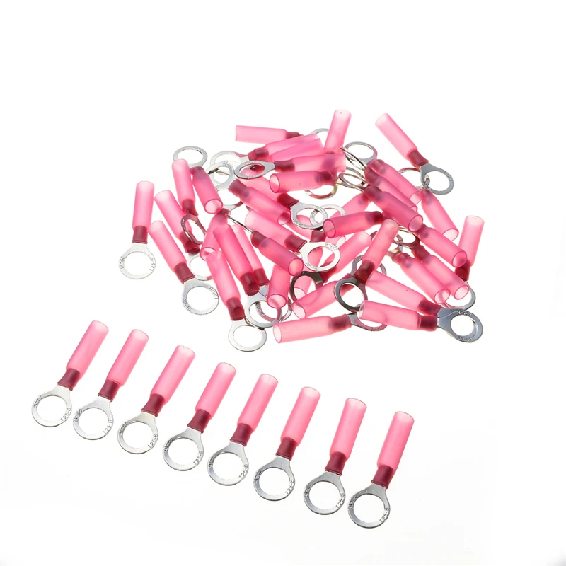 

50pcs M8 Heat Shrink Red Ring Terminal Insulated Electrical Wire Cable Connectors Auto 22-18 AWG Copper + PE Crimp Terminal