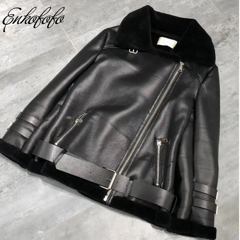 

2018 Winter Real Fur Coat for Women Bomber Jackets PU Leather Coat Jacket with Belt 100% Lamb Fur Coat Women Shearling Fur Coat