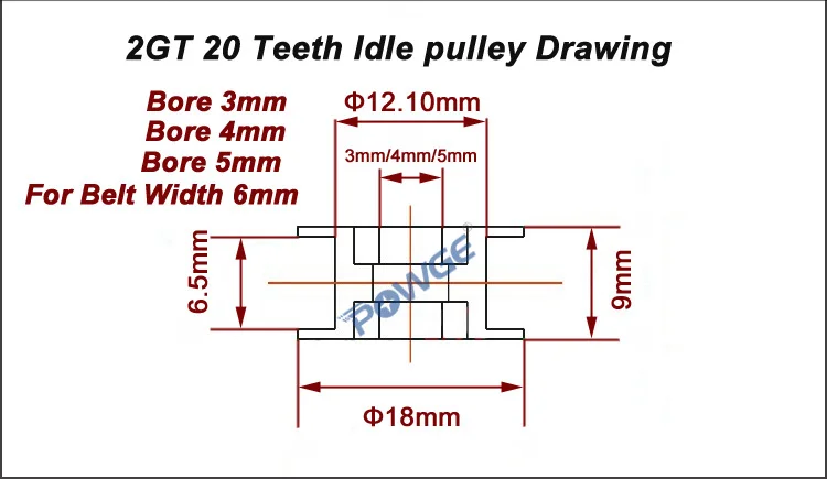POWGE 2GT 20 зубьев синхронный шкив Натяжное колесо диаметр 3 мм 4 мм 5 мм с подшипником для GT2 зубчатый ремень Ширина 6 мм 20 зубьев 20 т 5 шт
