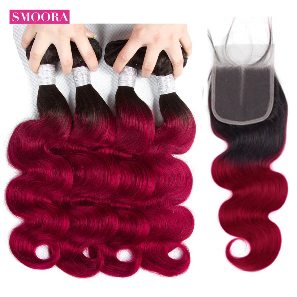 

Smoora Ombre Hair Brazilian Body Wave 4 Bundles With Closure Remy Ombre Human Hair Bundles With Lace Closure 1B/Burgundy