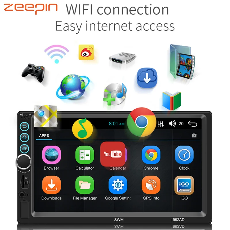 

Zeepin 2din Android Car Multimedia Player GPS Navigation AM / FM Stereo Radio 7 Inch Touch Screen Wifi Bluetooth