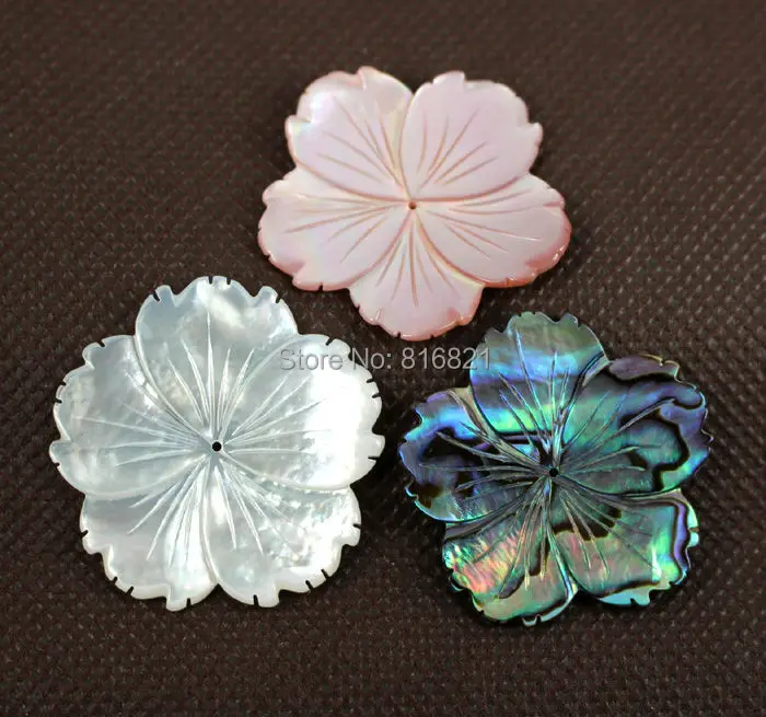 

( 3 pieces/lot ) 35mm Mixed colors MOP Mother of Pearl Natural Shell Beads Carved Flower Drilled Pendant focal Beads Charms