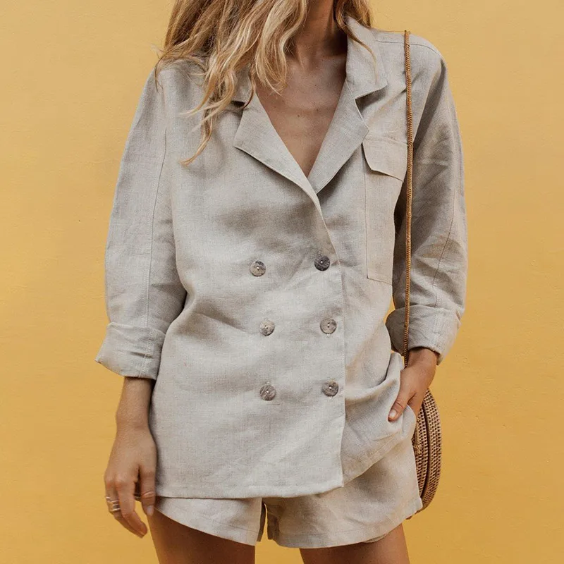 

Notched Double Breasted Women's Blazer Sets Long Sleeve Shorts Suit For Office Ladies 2019 Summer Autumn Fashion Female Suits