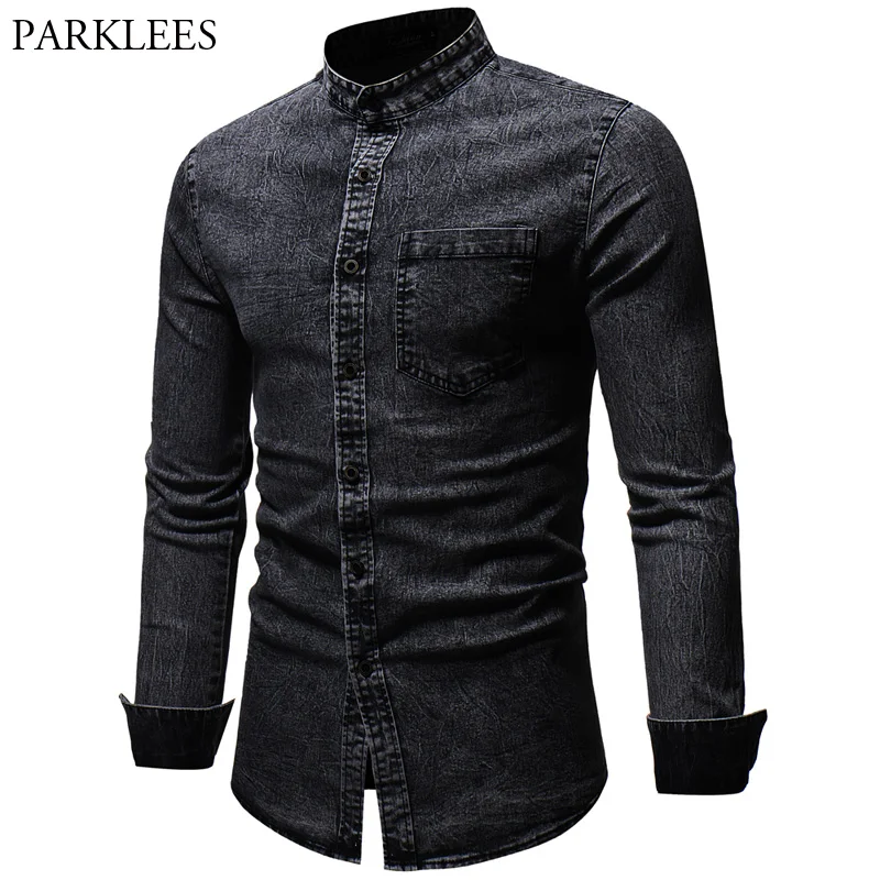 mens slim fit black denim shirt