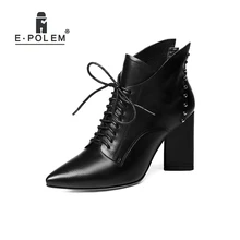 Trendy Rock Genuine Leather Rivets Boots Women High Heel Punk Cross-tied Ladies Ankle Boots Pointed Toe Boots Shoes prova perfetto euramerican pointed toe chunky heel chelsea boots women black white genuine leather cross tied knight boot female