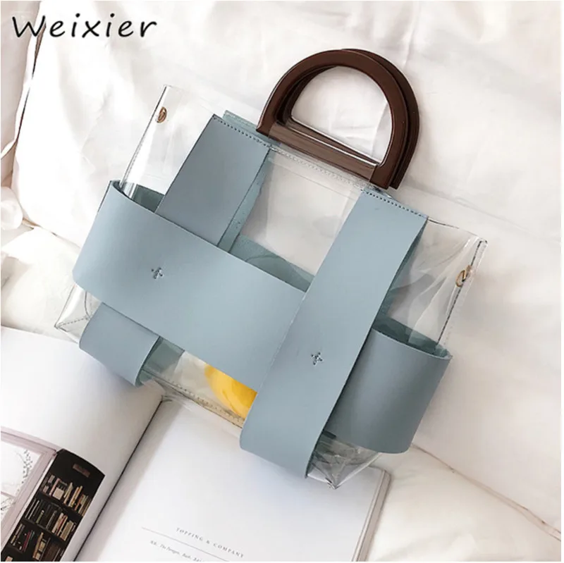

WEIXIER 2019 Woman Pattern Blue Color Single Strap Double Leather Handles Transparent PVC Shoulder Bag Handbag All-match LW-09