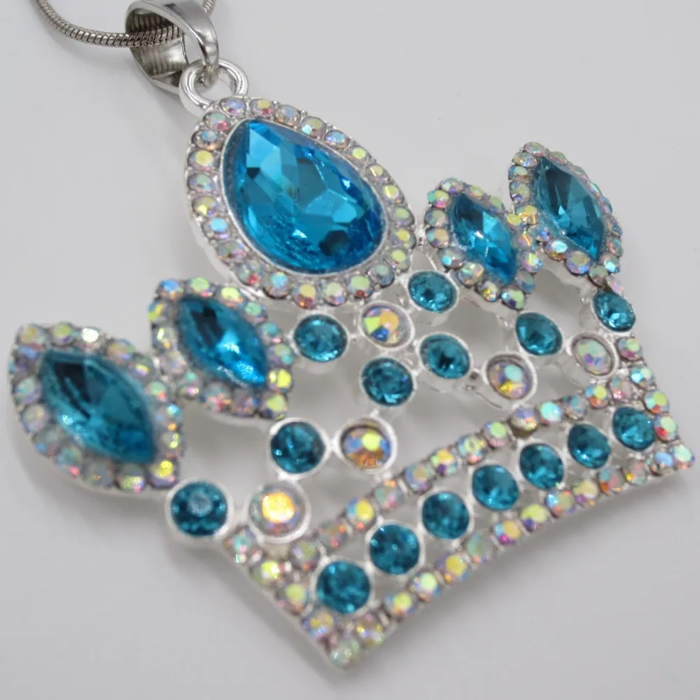 

Fashion Little Girls Pendant Necklaces Children Princess Blue Color Rhinestone Crown Charm Snake Chain Necklace Kids Jewelry