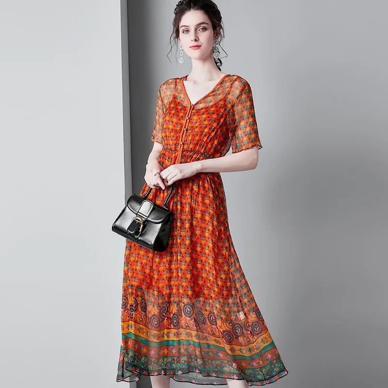 

orange floral maxi dress women robe 2019 long work boho beach summer sexy party luxury dresses plus size Elastic waist