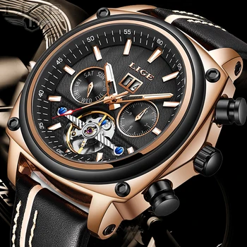 

2019 New Tourbillon Skeleton Sport Mechanical Watch Men LIGE Men's Watches Top Luxury Fashion Leather Wrist Watches Reloj Hombre