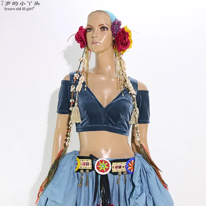 

Belly Dance velvet Top Fat Chance Tribal Choli Belly Dance Costume Short Drop Sleeve Top CJJ41