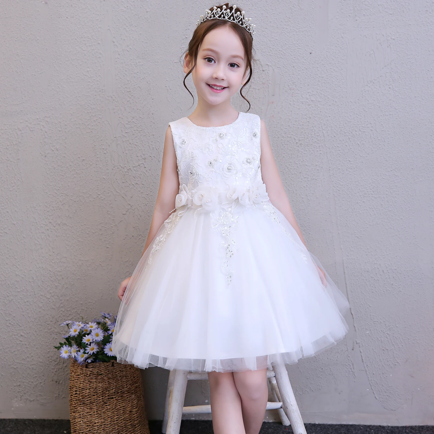 

2019 Summer Toddler Girl Tutu Ball Gown Dresses Flower Girl White Tulle Dresses Robe Fille Wedding Dress Girls Party Dresses