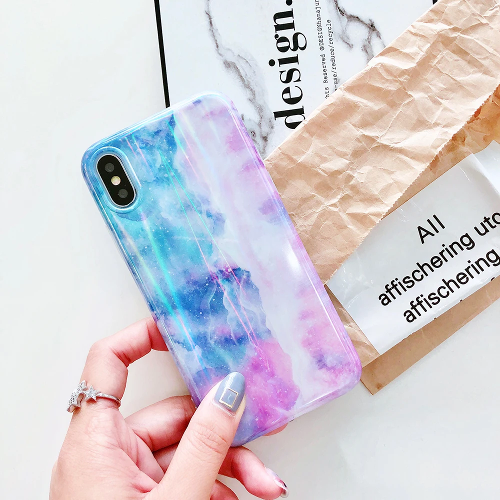 Чехол для iPhone X Xr Xs Max корейский лазерный чехол из мягкого ТПУ с мраморной кожей