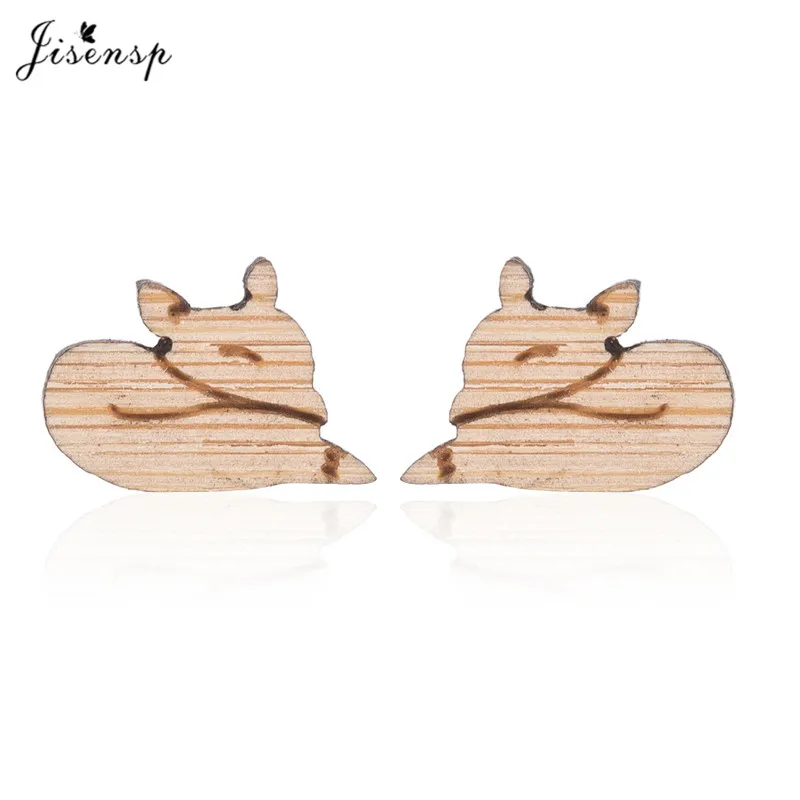 Jisensp Kawaii стиль милый маленький ежик деревянные серьги милые серьги-гвоздики с животными для женщин дети Ювелирное Украшение на день рождения - Окраска металла: fox earrings 1