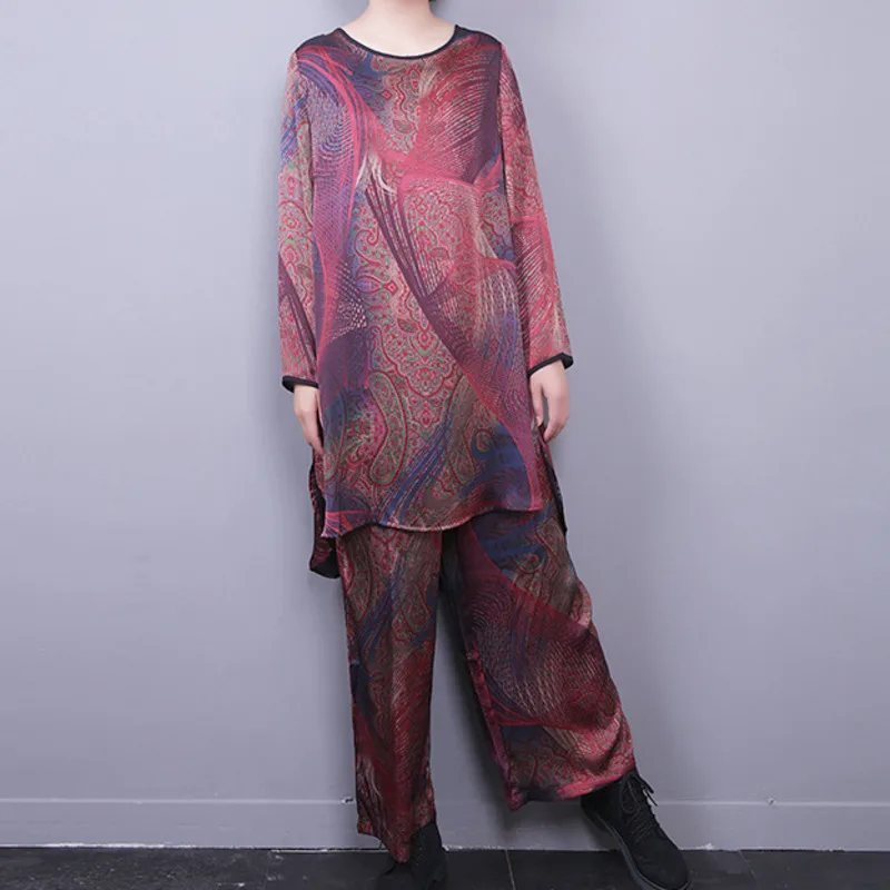 

LANMREM 2020 Spring New Casual Fashion Retro Women Loose Plus Round Neck Long-sleeved T-shirt Wide Leg Pants Print Set TC396