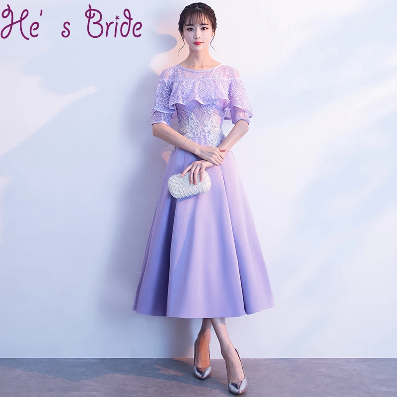 Evening Dress Elegant Light Purple Scoop Neck Short Sleeves Lace Up