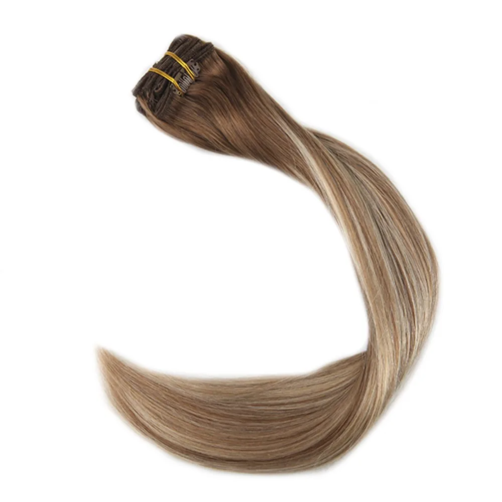 Full Shine Blonde Balayage Clip In Human Hair Extensions in Clip Color