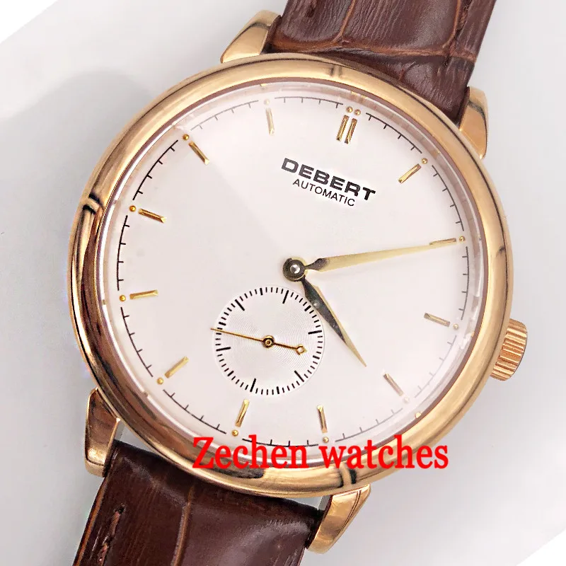 

40mm Debert watch sapphirecrystal white dial rose gold brown leather strap Automatic mens watch