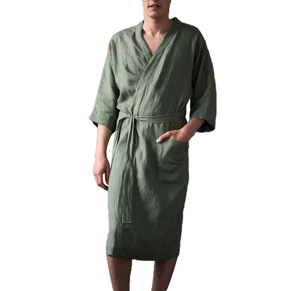Мужские банные мужские халаты с коротким рукавом, длинный халат, домашняя одежда, льняные пижамы, халат, одежда для отдыха, домашний халат, Мужская домашняя одежда, одежда для сна - Цвет: Green