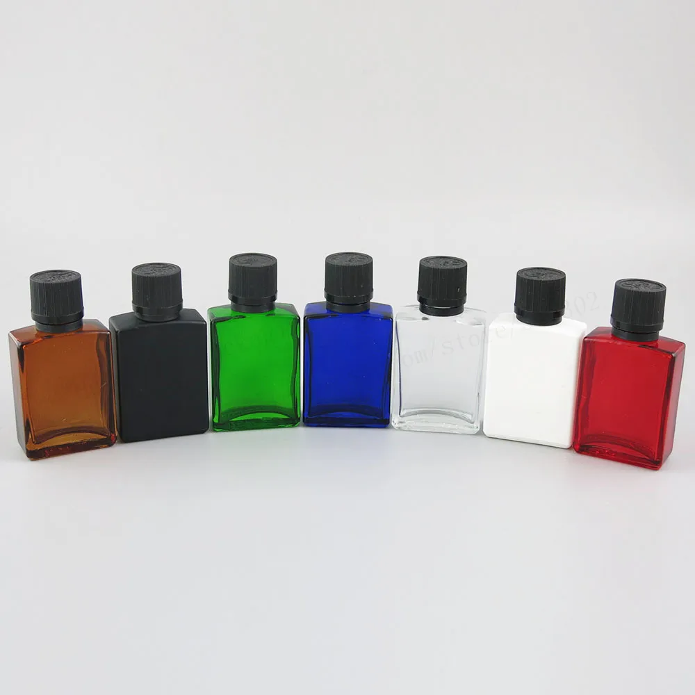 

12 x 30ml 1oz Flat Square Glass Bottle With Black Tamper Evident Childproof Cap Blue Green Red Clear White Amber Black Color