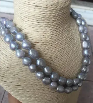 

double strands 11-12mm south sea baroque siilver grey pearl necklace 18"19"925s