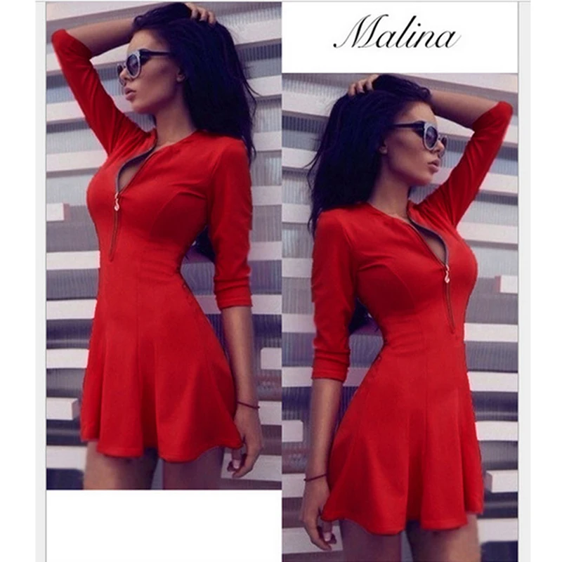 

Fashion Slim Solid Office Lady Bodycon Dress Sexy Zip V Neck Mini Comfortable Soft Dress Long Sleeve For Women Party Vestido