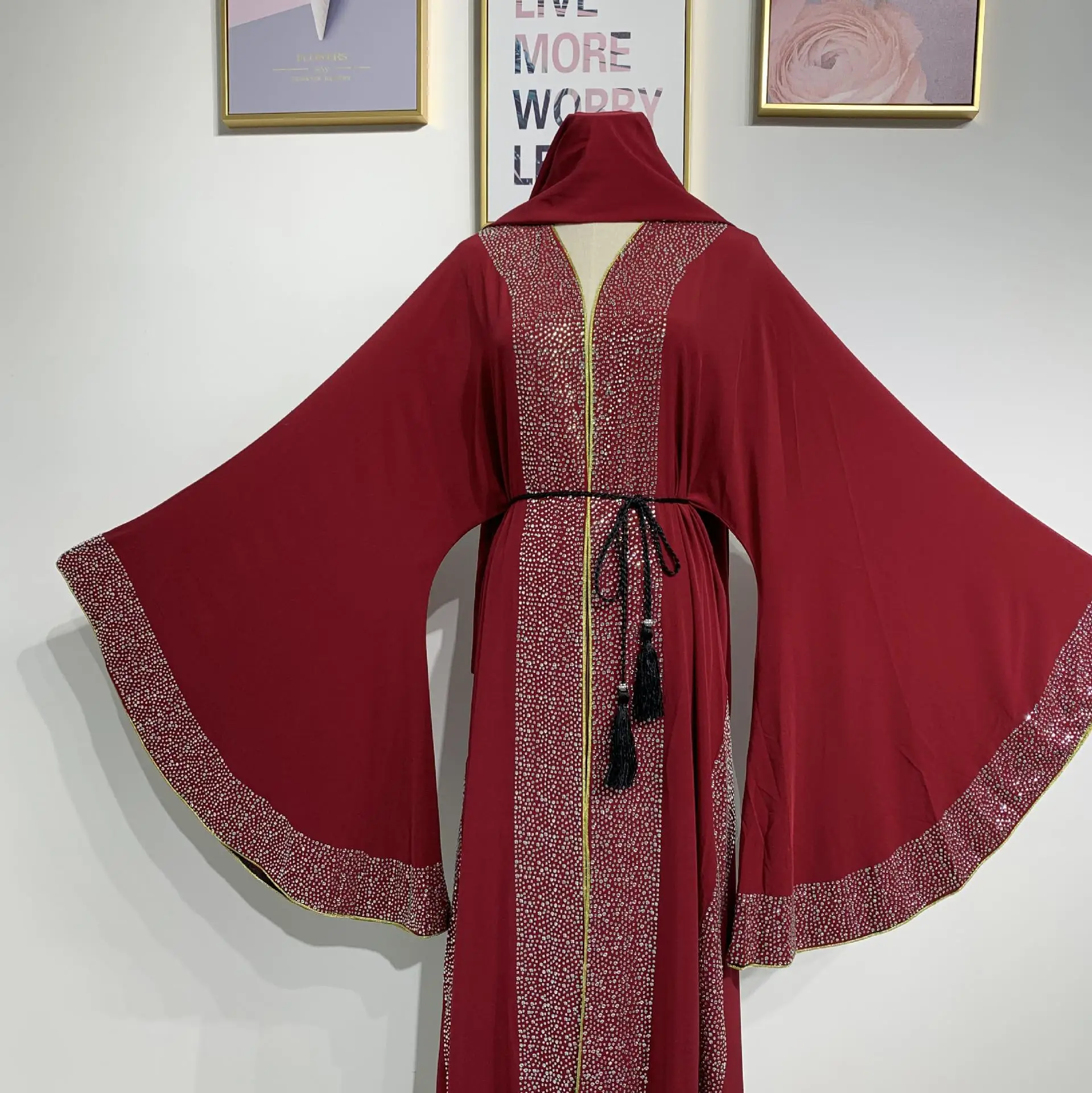 Дубай Абая свадьба Абая s бурха фараша Jalabiya Макси платье кафтан кимоно платье Элегантный Стразы Роскошная с расклешенными рукавами халат