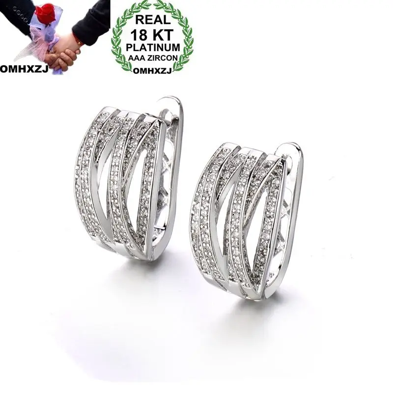

OMHXZJ Wholesale European Fashion Woman Girl Party Wedding Gift Geometry AAA Zircon 18KT White Gold Hoop Earrings EA464