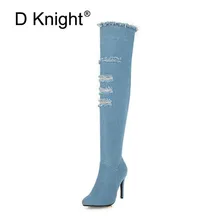 2018 Winter Boots Sexy Pointed Toe Women's Over The Knee Boots Fashion Denim Blue Thigh High Boots Large Size 48 High Heels Shoe цена 2018 Winter Boots Sexy Pointed Toe Women's Over The Knee Boots Fashion Denim Blue Thigh High Boots Large Size 48 High Heels Shoe цены онлайн