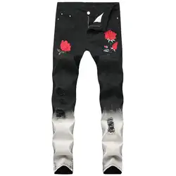 QMGOOD оригинальный дизайн рваные джинсы для мужчин модные с цветами розы Вышивка Для мужчин s джинсы из денима, тянущиеся обтягивающие джинсы