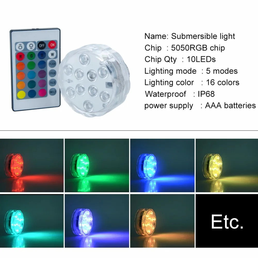 Погружная Светодиодная лампа s RGB многоцветные водонепроницаемые лампы с 10