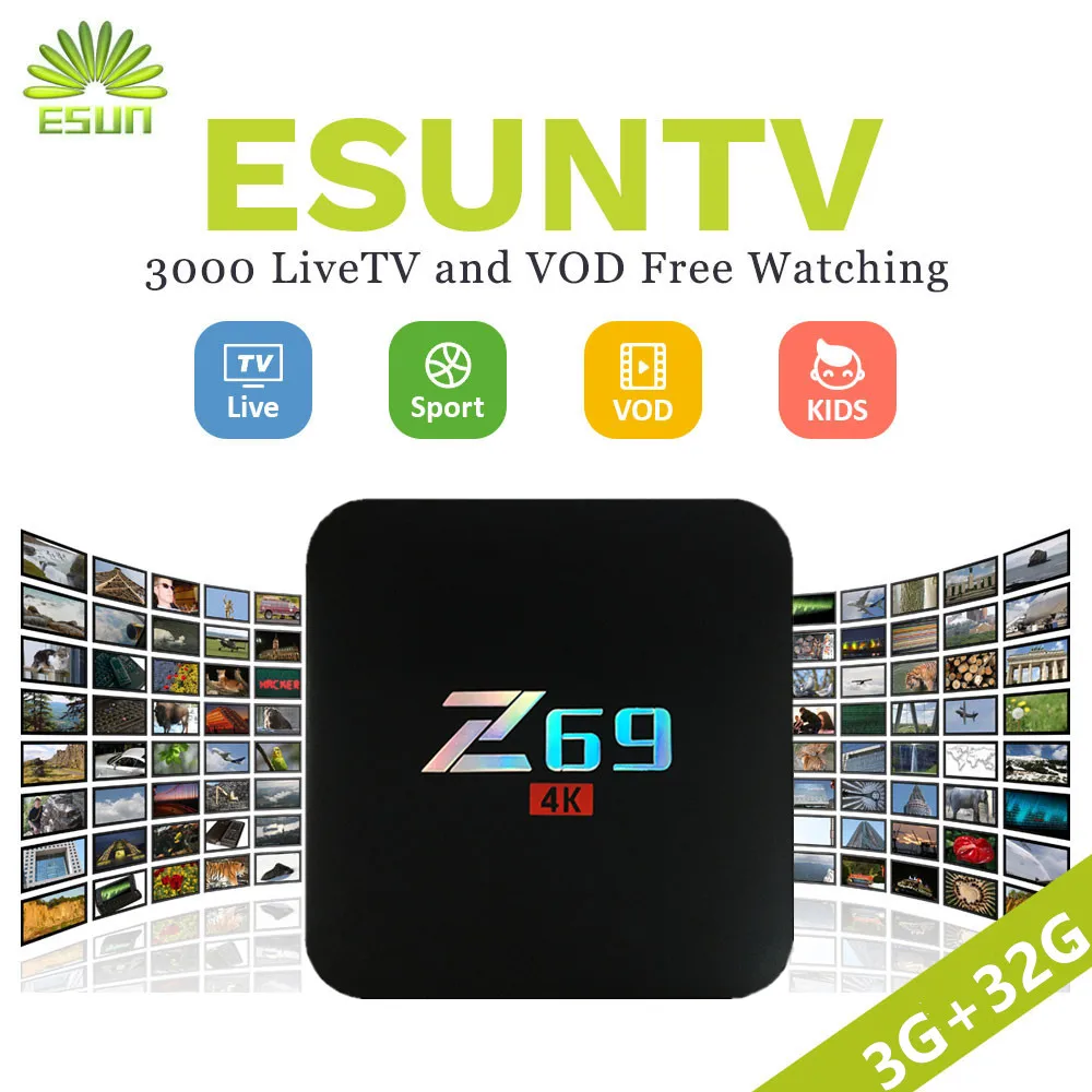 

Z69 With 1 Year ESUNTV 3000+Europe IPTV Andriod 7.1 TV Box 2.4G Wifi 10/100M S905X Set Top Box 3/32GB Media Player