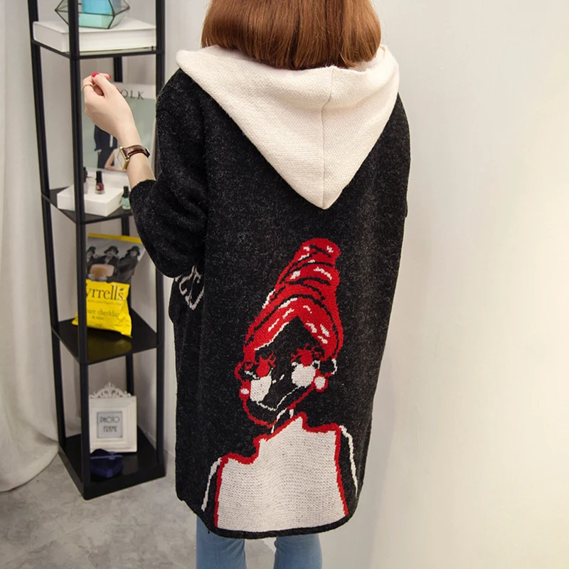 Осенне-зимний вязаный кардиган женский свободный свитер с капюшоном пальто средней длины Модный женский вязаный свитер большой Размер 2XL-4XL DD623